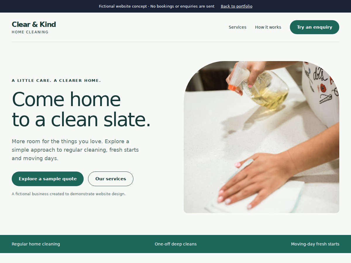 Preview of the Clear & Kind cleaning website